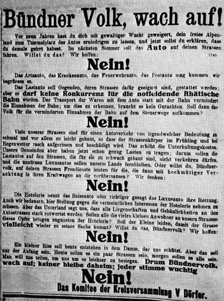 Stimmungsmache für und gegen das Auto: Im ersten Viertel des Jahrhunderts tobte ein heftiger Kampf um das Auto in Graubünden. (Bilder: zVg)

